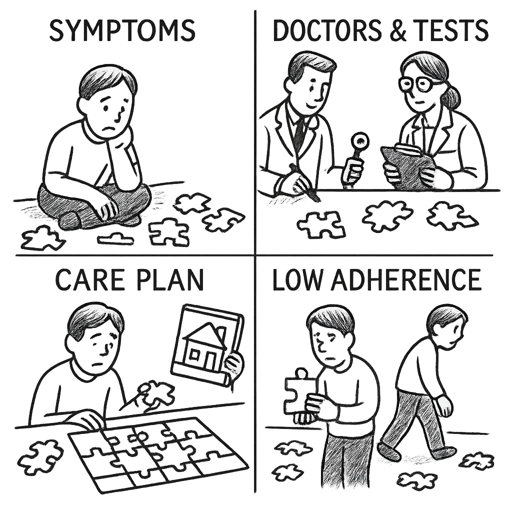 Current care flow from symptoms to low adherence